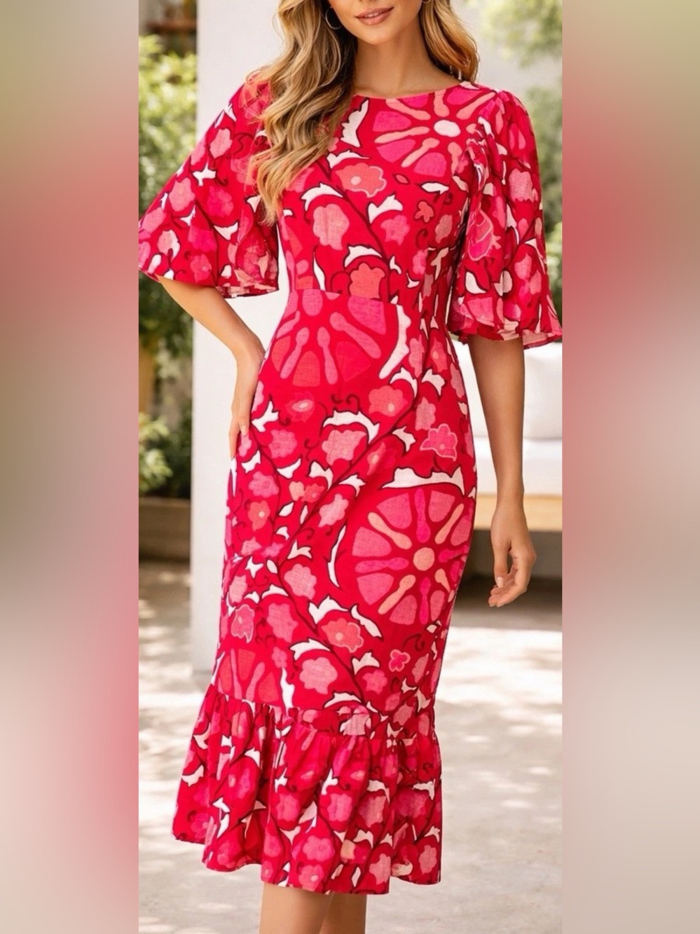 NWOT RHODE Red and Pink Flutter Sleeve Floral Patterned Linen Midi Dress